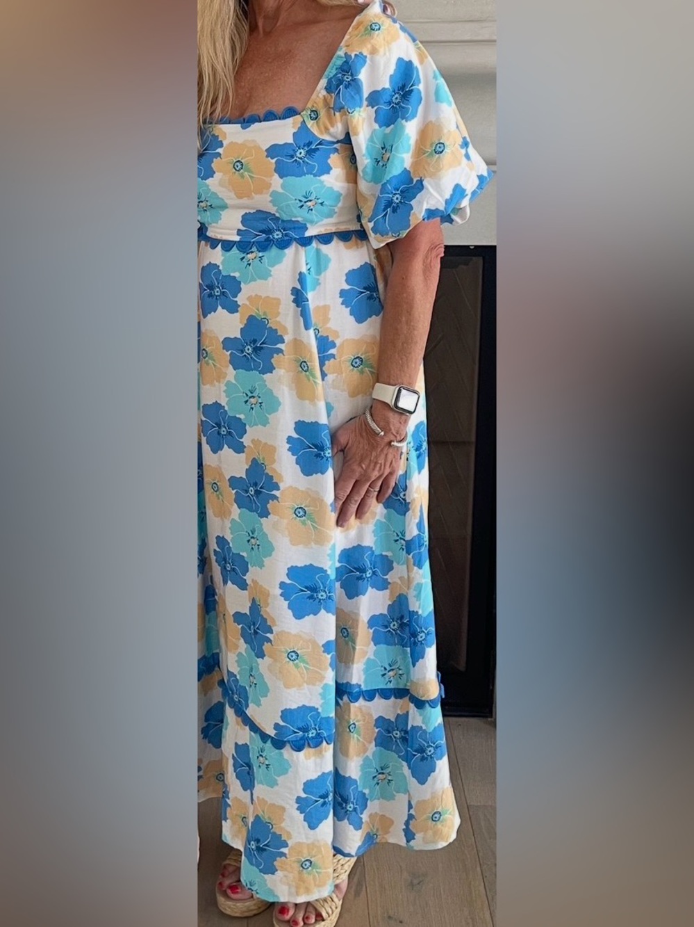 Blue Floral Puff-Sleeve Midi Dress - Picture 3 of 4